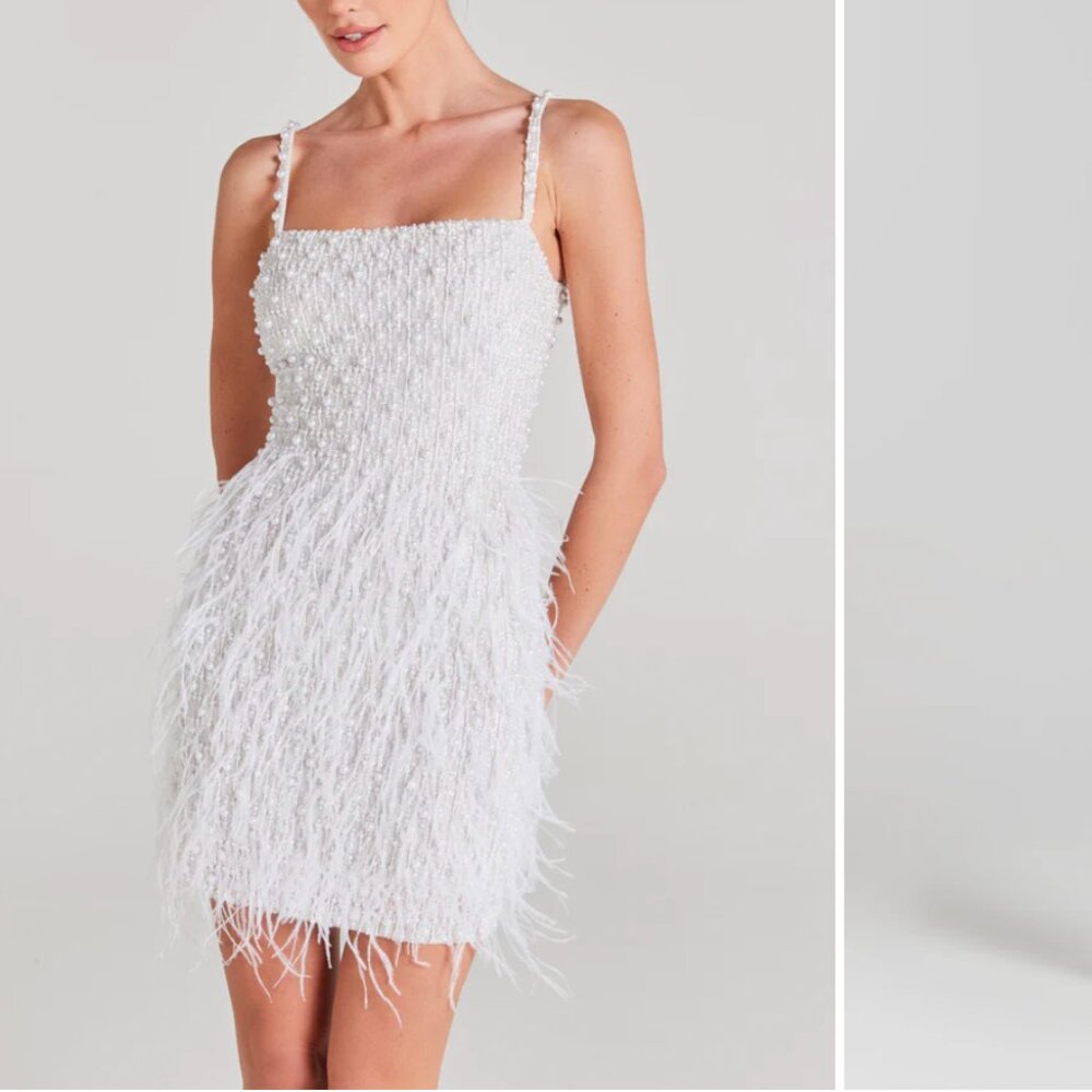 Nadine Merabi Carrie White Beaded Feather Mini Dress; size small
